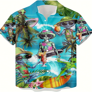Funny Alien Surfing Hawaiian Shirt  Tropical UFO Aloha Button Down Summer Beach Party Shirt