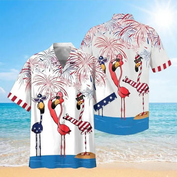 Patriotic Flamingo Aloha Shirt,4th of July American Flag Beach Shirt