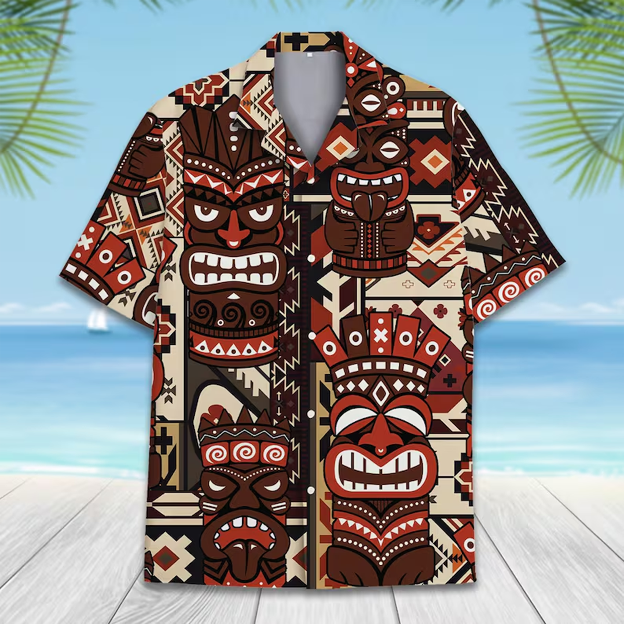 Tribal Tiki Aloha Shirt, Tropical Hawaiian Beach Vacation Shirt