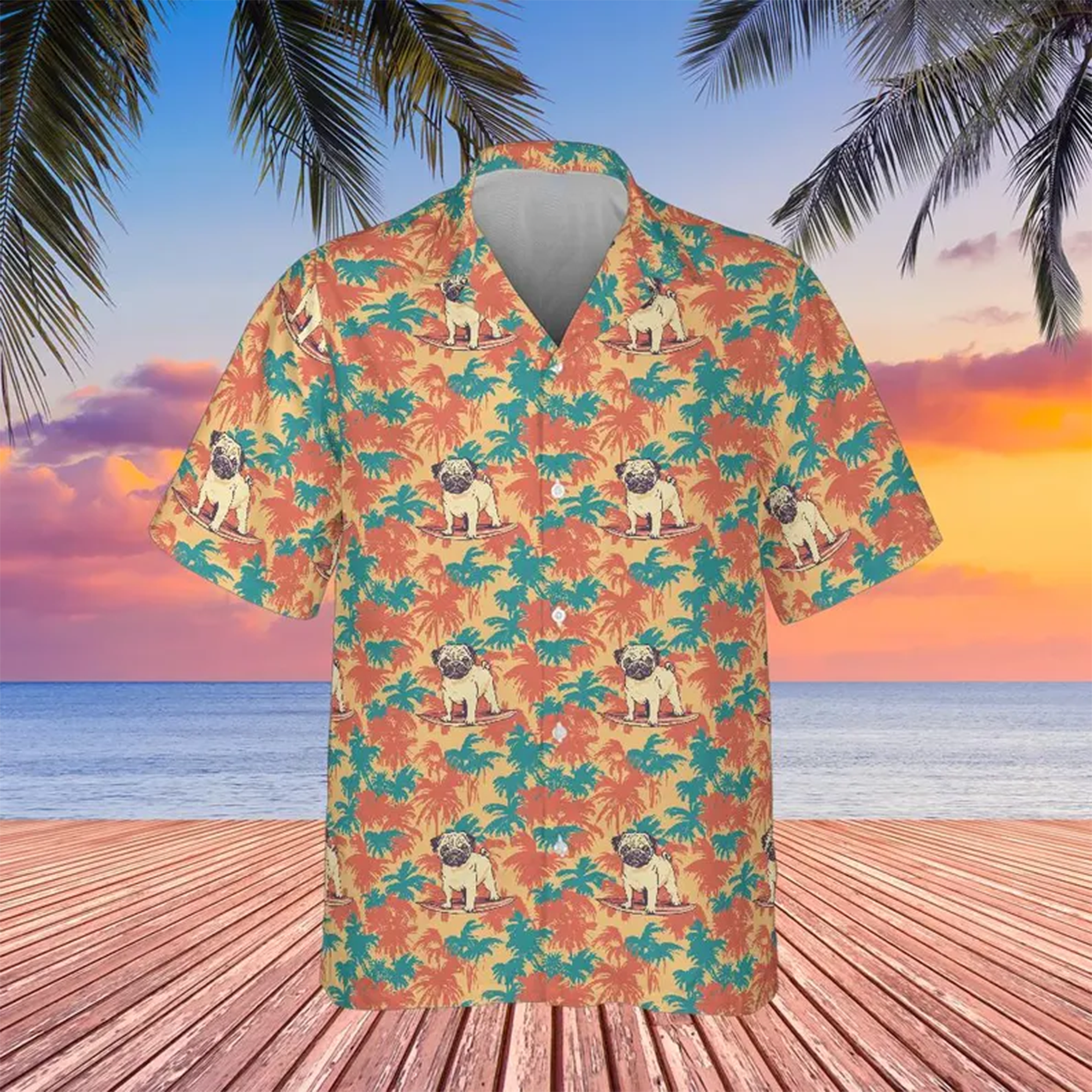 Funny Neon Pug Shirt Retro Dog Hawaiian Aloha Summer Wear