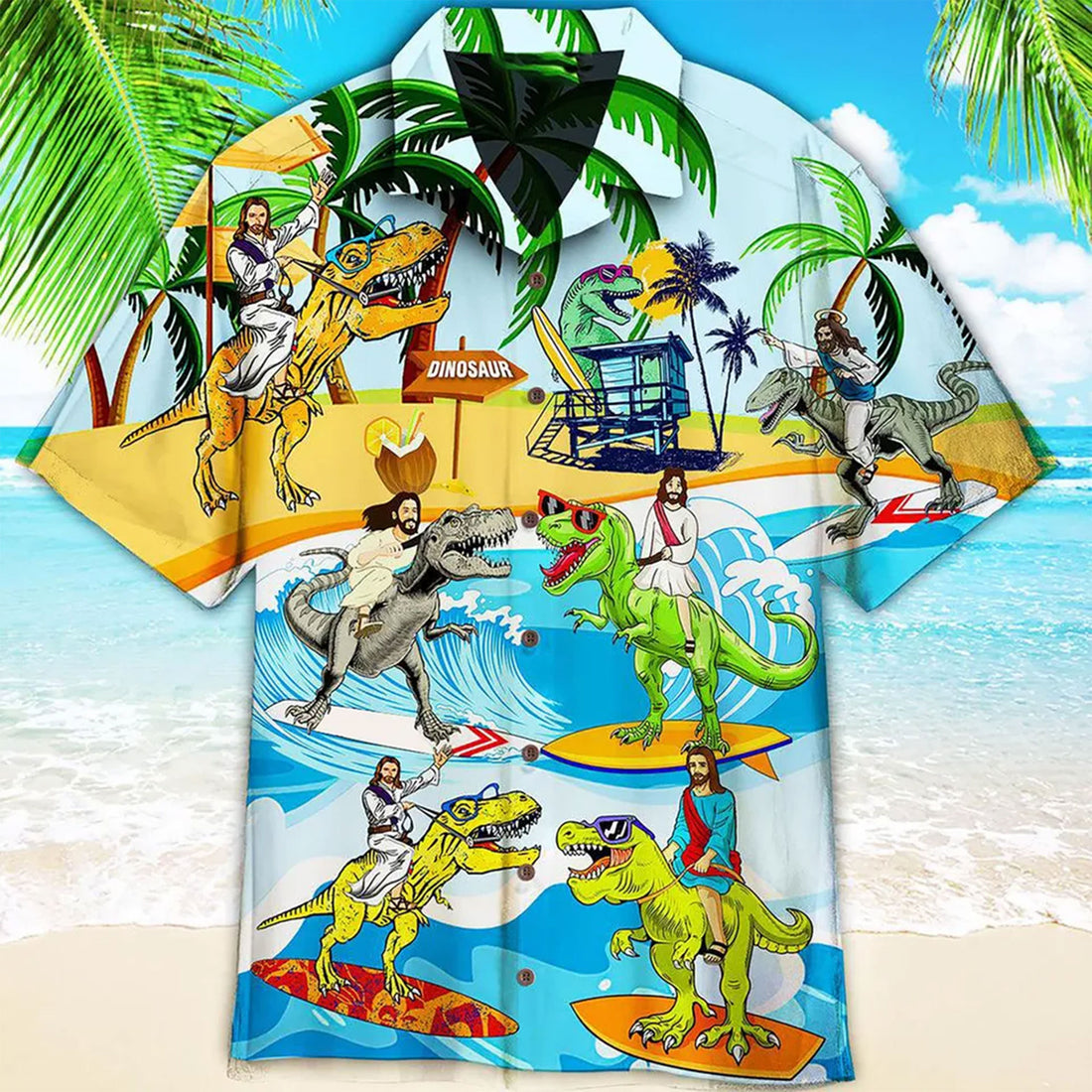 Funny Jesus Riding Dino Hawaiian Shirt, Christian Dinosaur Aloha Beach Party Shirt