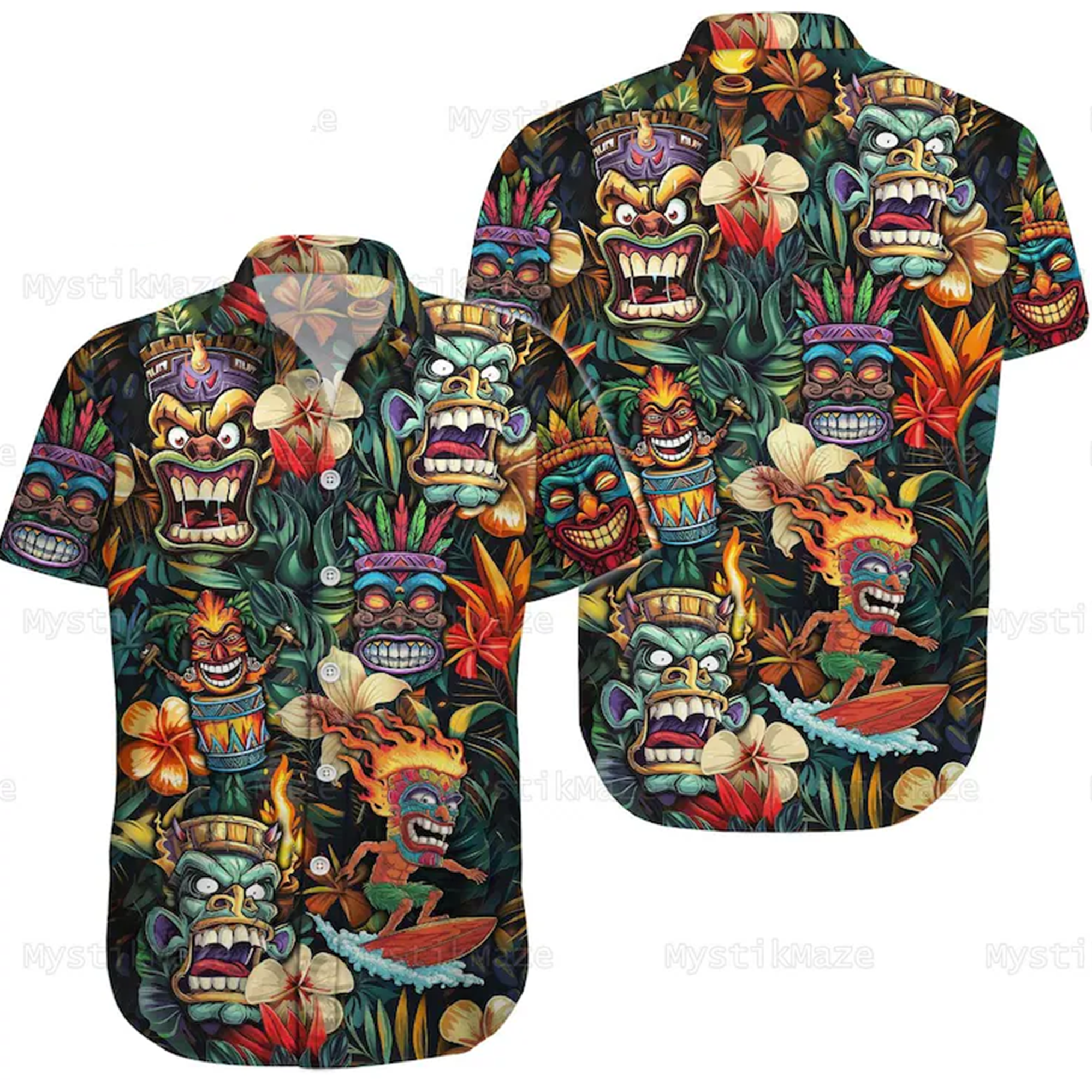 Funny Tiki Mask Shirt, Mens Floral Hawaiian Novelty Button Down