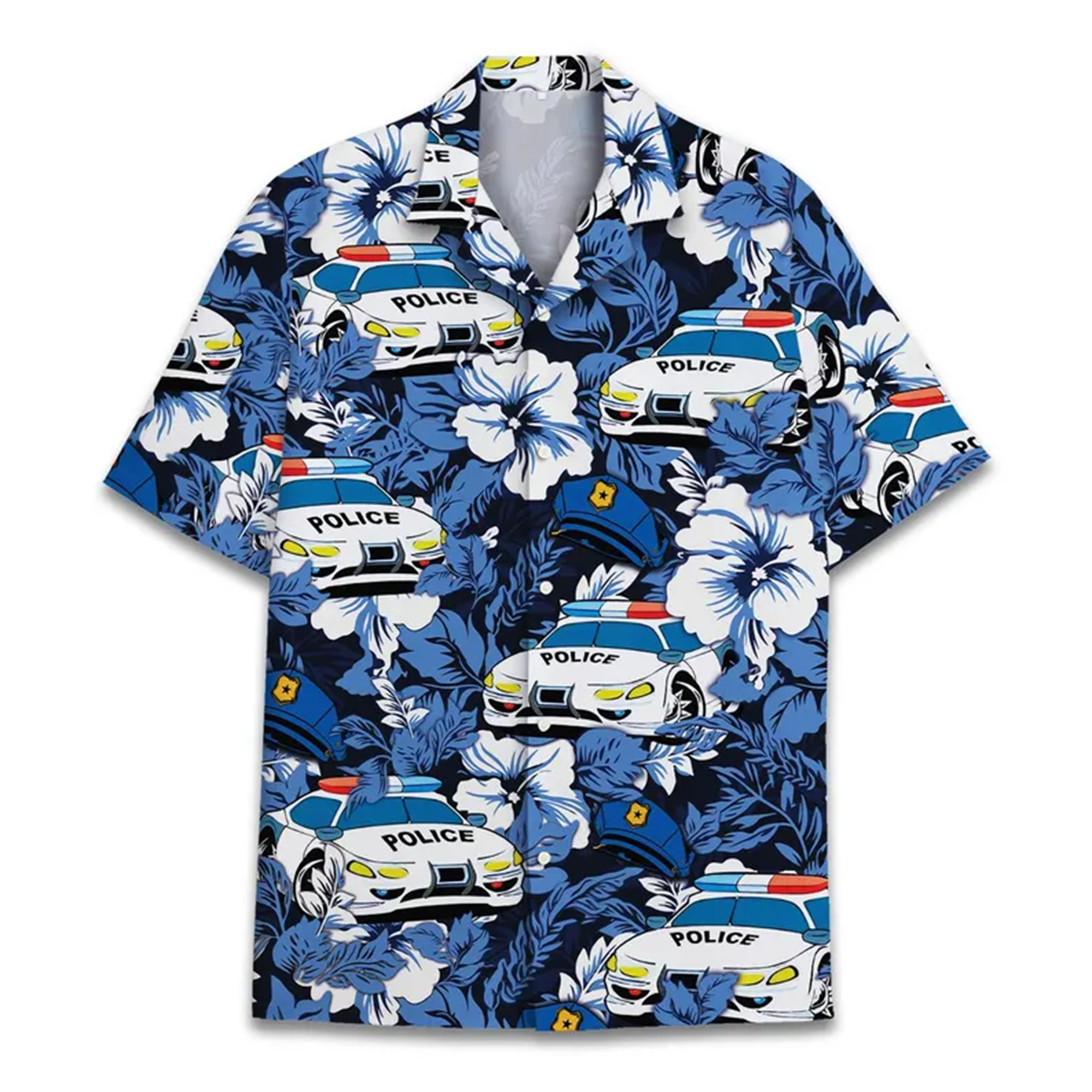 Blue Hibiscus Police Car Shirt Hawaiian Tropical Policeman Beach Wear