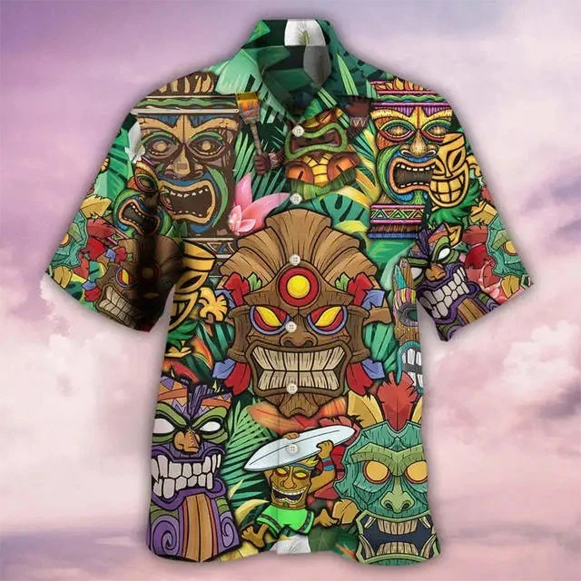 Mens Tiki Mask Hawaiian Shirt, Funny Floral Aloha Beach Party Shirt