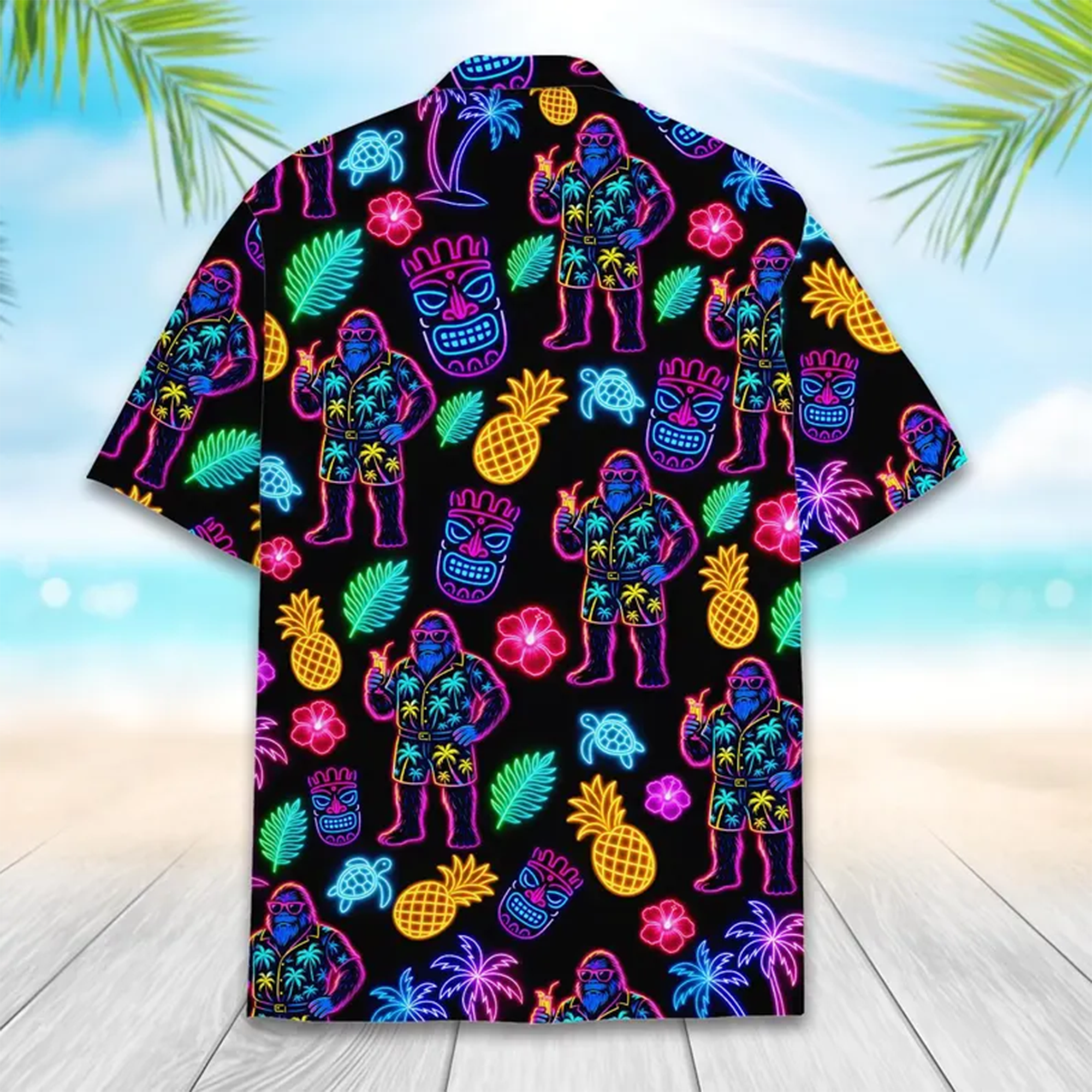Funny Neon Bigfoot Shirt, Tiki Retro Hawaiian Beach Aloha Shirt