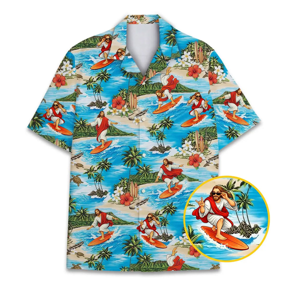 Surfing Jesus Hawaiian Shirt, Funny Christian Beach Aloha Shirt, Religious Summer Shirt