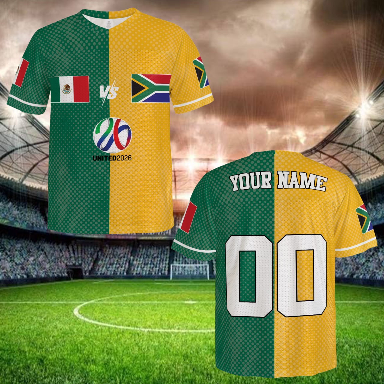 Green Yellow Split Football Jersey, Custom Name Number Shirt, Dual Nation Mesh Soccer Jersey, International Fan Gift