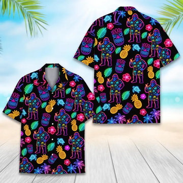 Funny Neon Bigfoot Shirt, Tiki Retro Hawaiian Beach Aloha Shirt