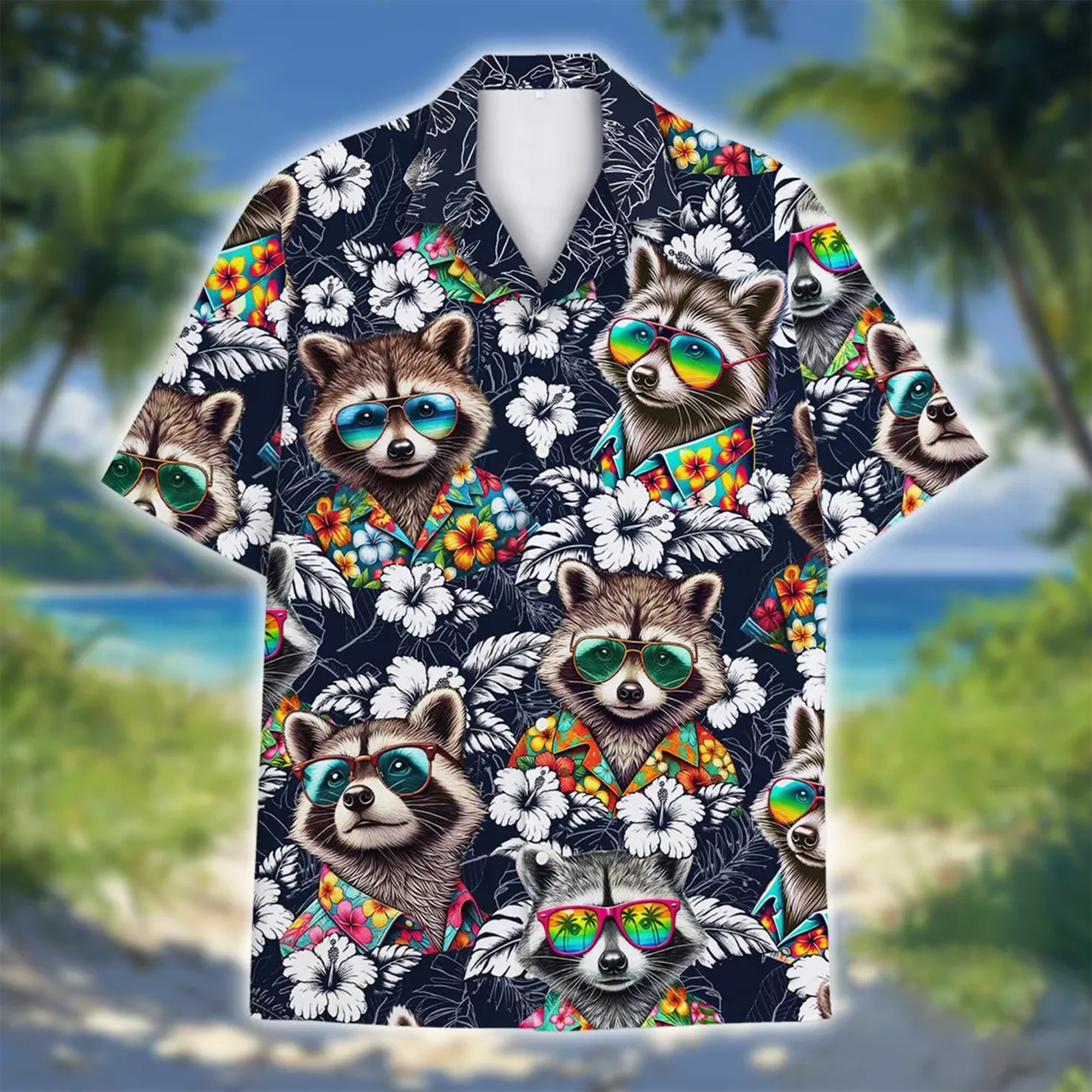 Raccoon Hibiscus Hawaiian Shirt Bright Tropical Summer Vacation Outfit