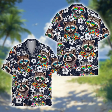 Raccoon Hibiscus Hawaiian Shirt Bright Tropical Summer Vacation Outfit