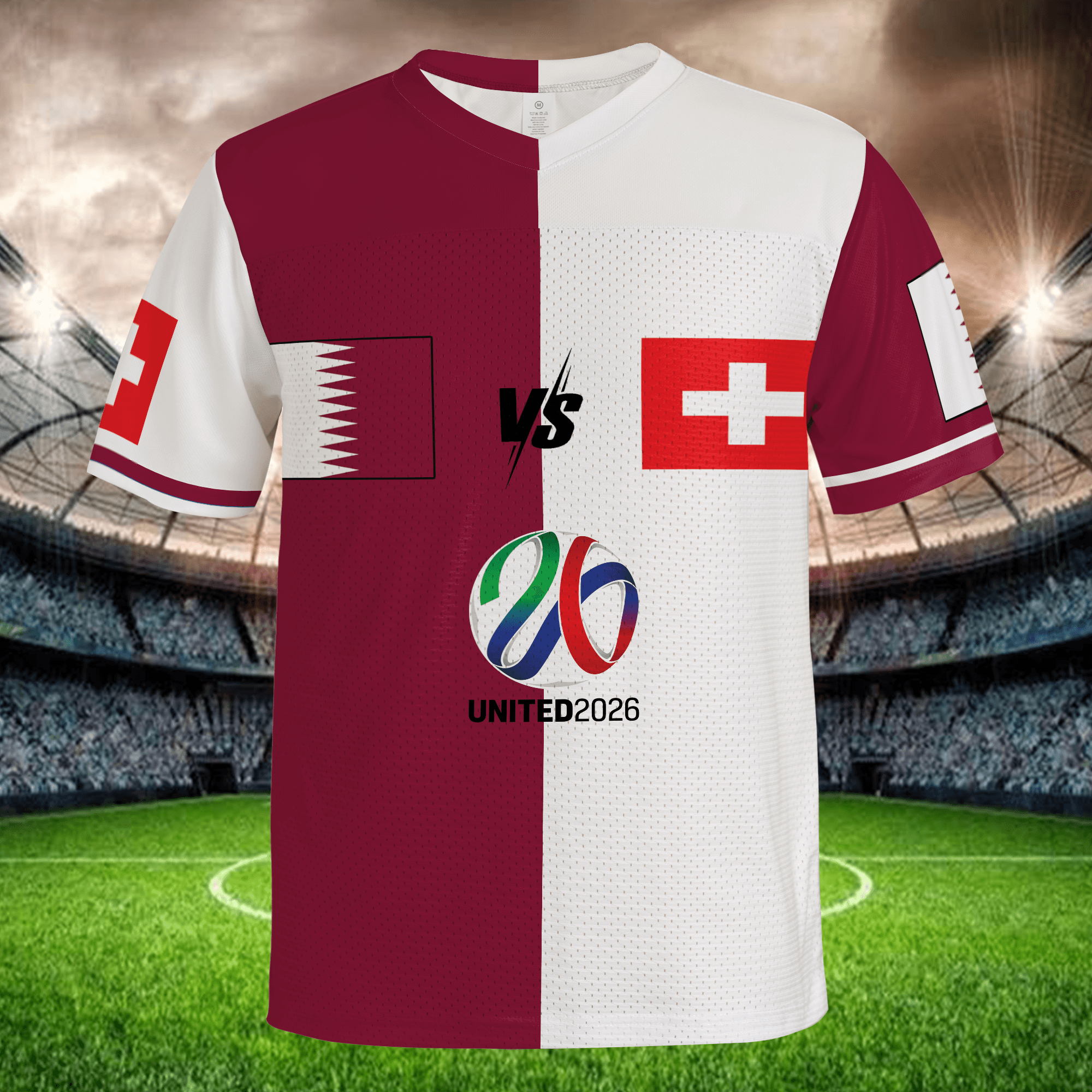 World Tournament 2026 Split Football Jersey, Maroon White Mesh Shirt, Custom Name Number, International Fan Gear
