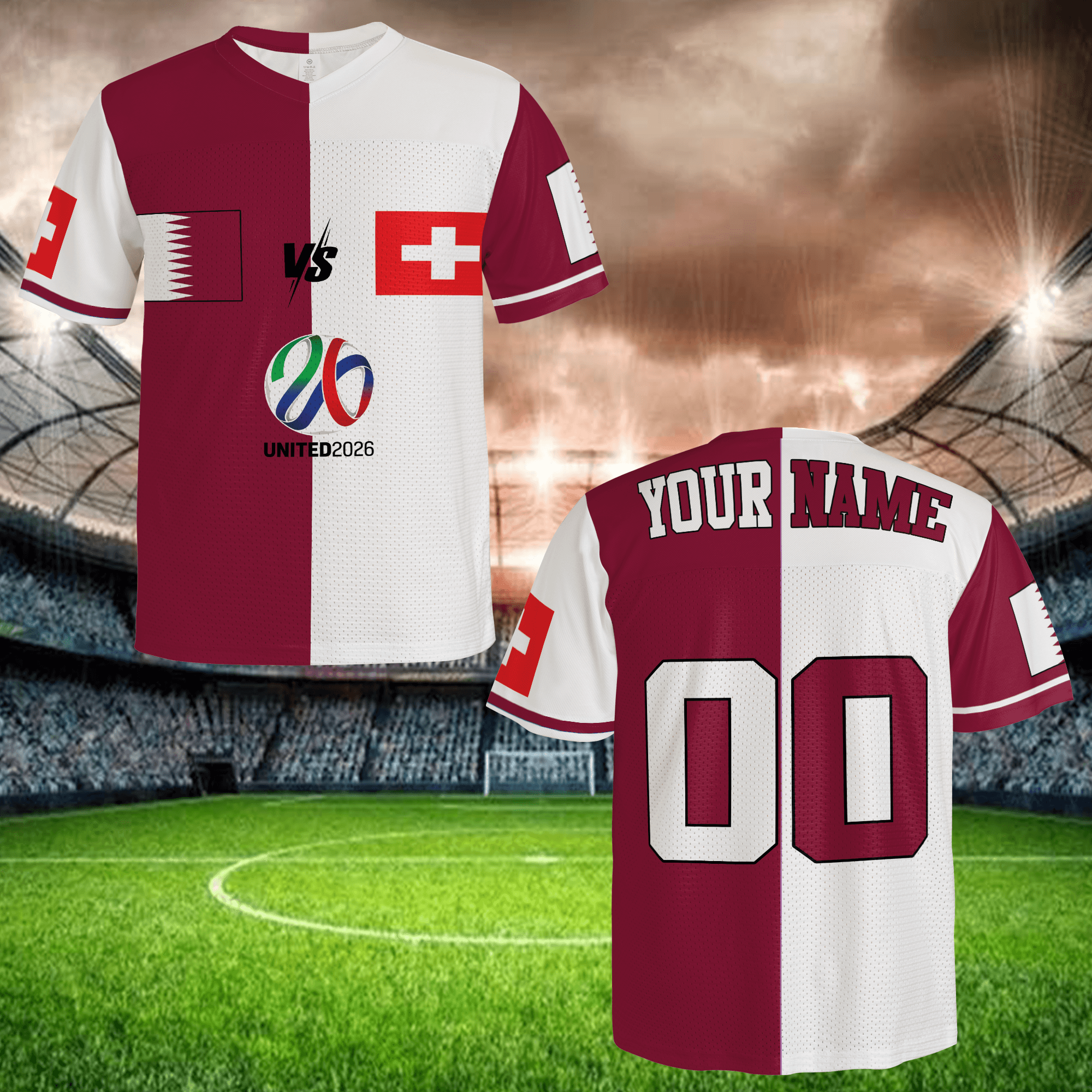 World Tournament 2026 Split Football Jersey, Maroon White Mesh Shirt, Custom Name Number, International Fan Gear