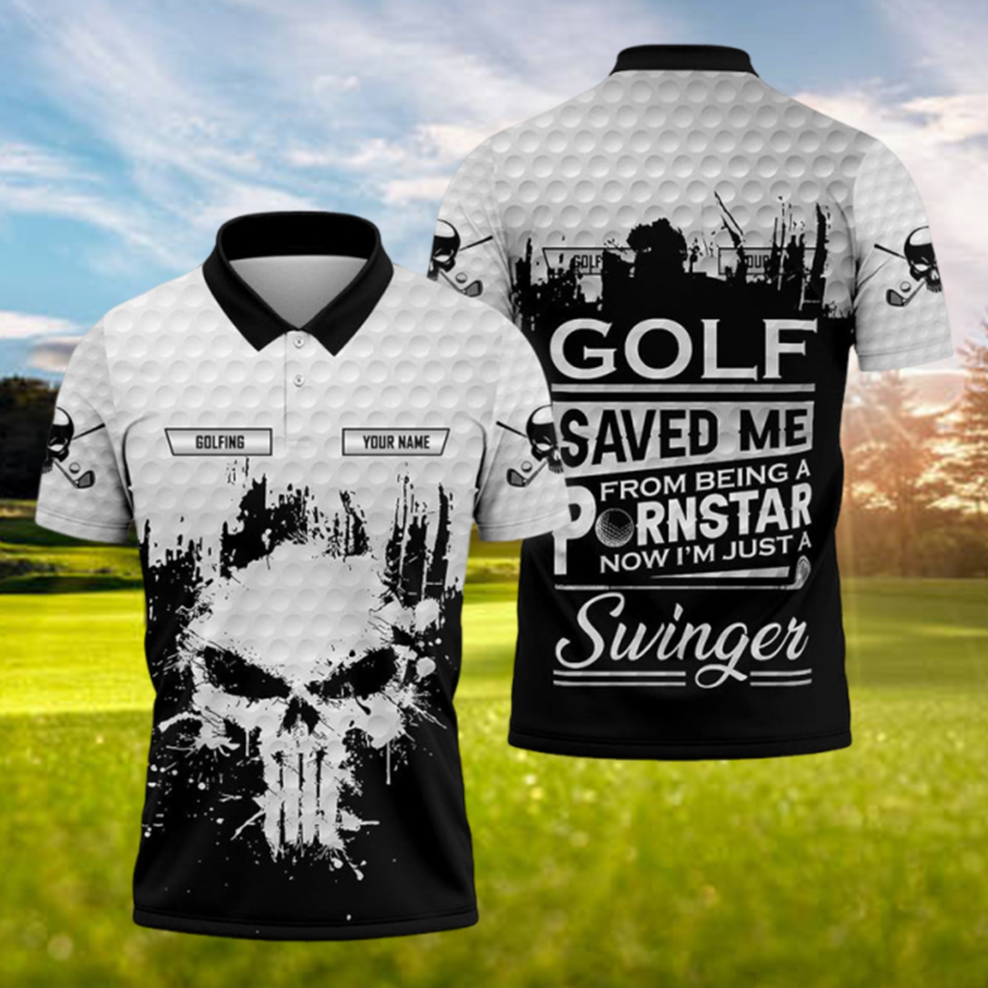 Funny Skull Golf Polo Shirt for Men “Golf Saved Me From Being a Porn Star Now I’m Just a Swinger” Custom White Dad Golf Shirt Gift