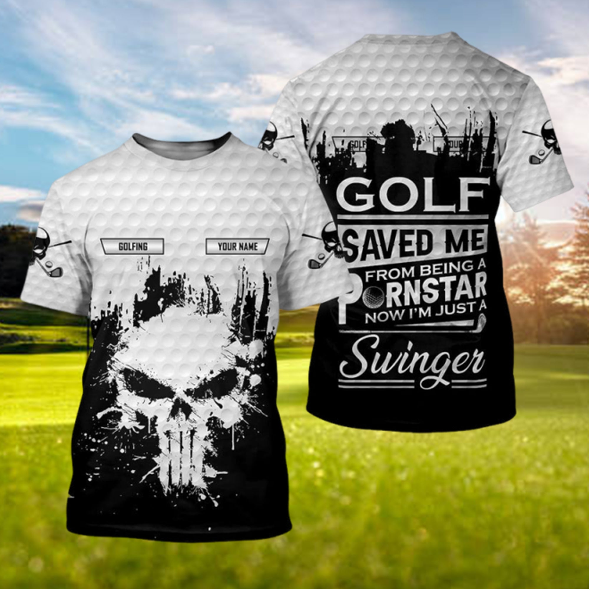 Funny Skull Golf Polo Shirt for Men “Golf Saved Me From Being a Porn Star Now I’m Just a Swinger” Custom White Dad Golf Shirt Gift