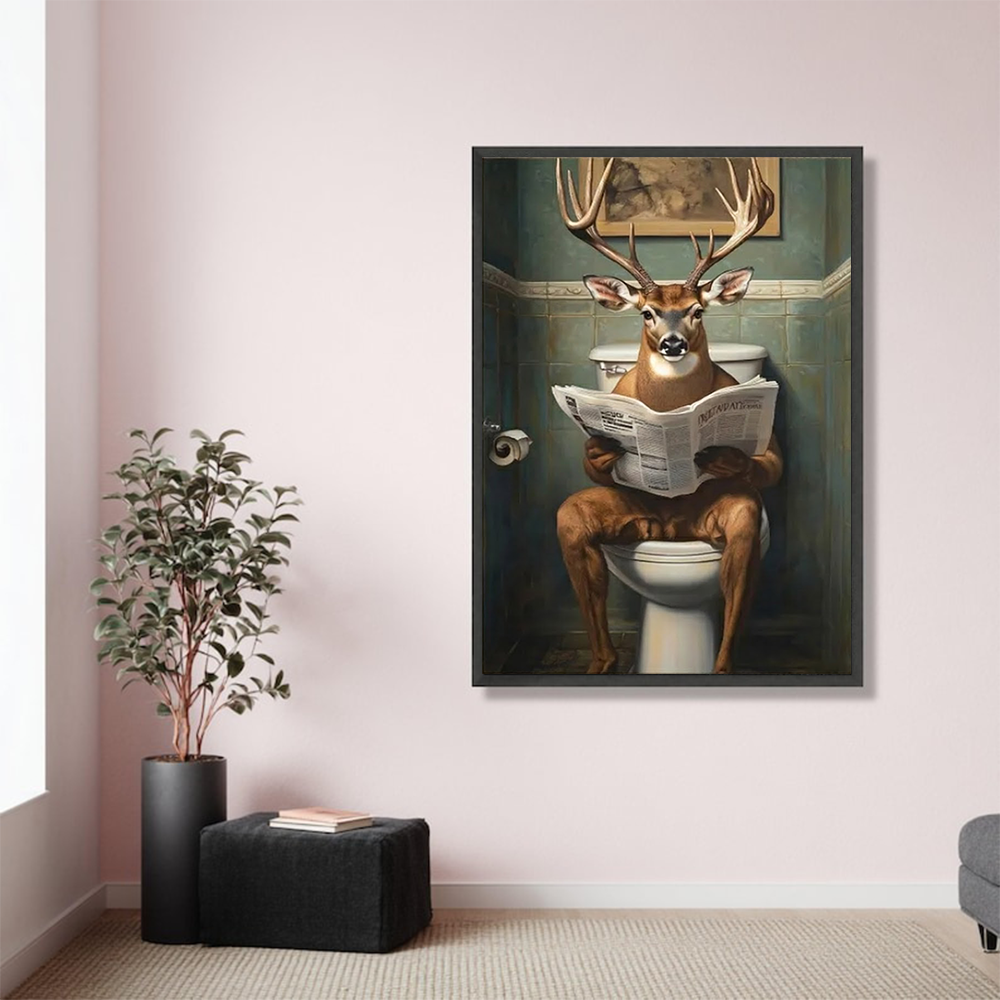 Deer on Toilet Reading Newspaper Wall Art – Funny Animal Bathroom Decor, Printable Canvas Art, Large Rustic Bathroom Humor Print