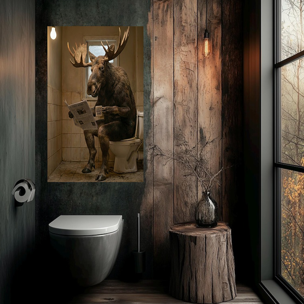 Funny Moose Bathroom Wall Art Canvas – Humorous Animal Reading Newspaper on Toilet, Rustic Hunting Lodge Decor Gift