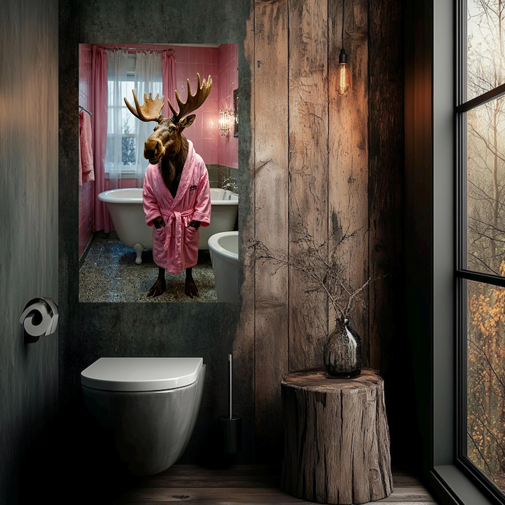 Funny Moose in Pink Bathrobe Canvas – Humorous Animal Bathroom Wall Art