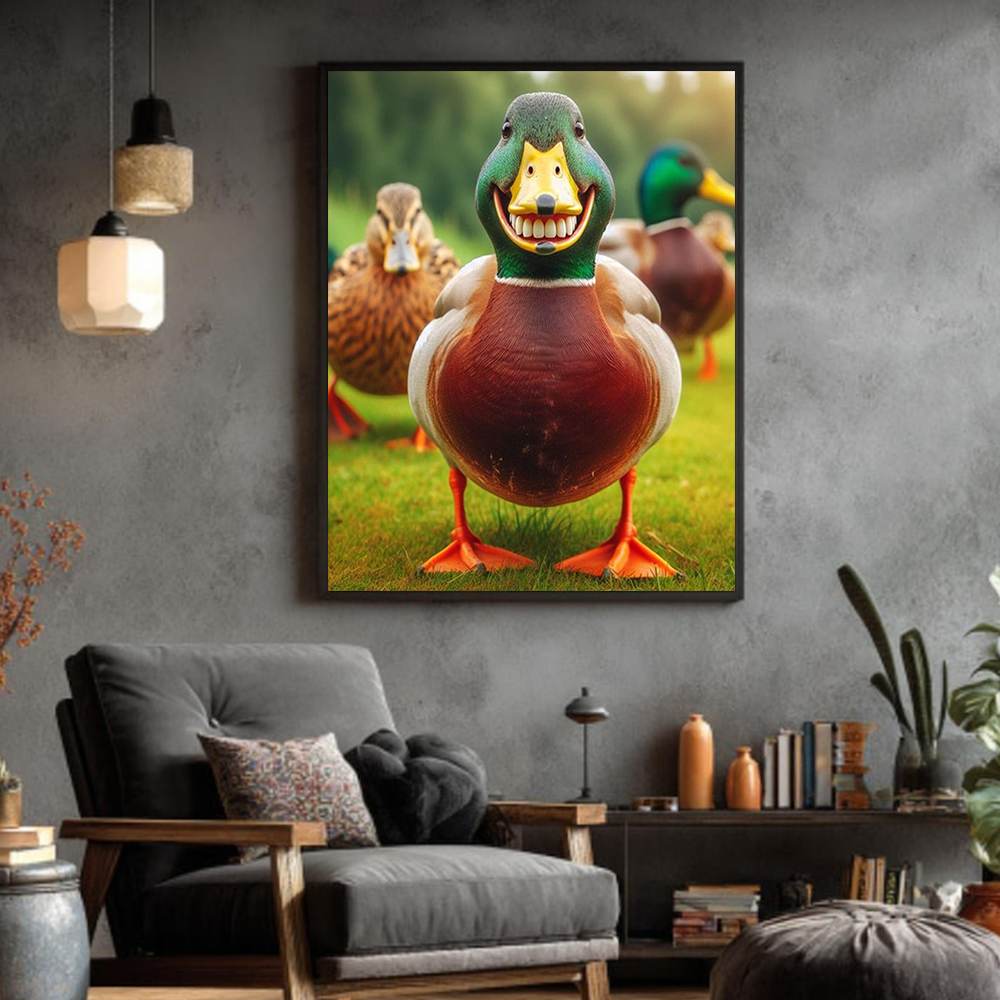 Funny Mallard Duck Grinning Canvas Wall Art – Humorous Hunting Lodge Decor Rustic Gift for Hunters & Cabin Man Cave