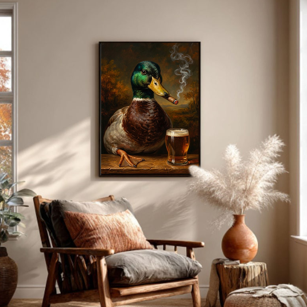 Funny Mallard Duck Smoking & Drinking Cocktail Canvas Wall Art – Rustic Hunting Decor Gift for Hunters & Cocktail Lovers