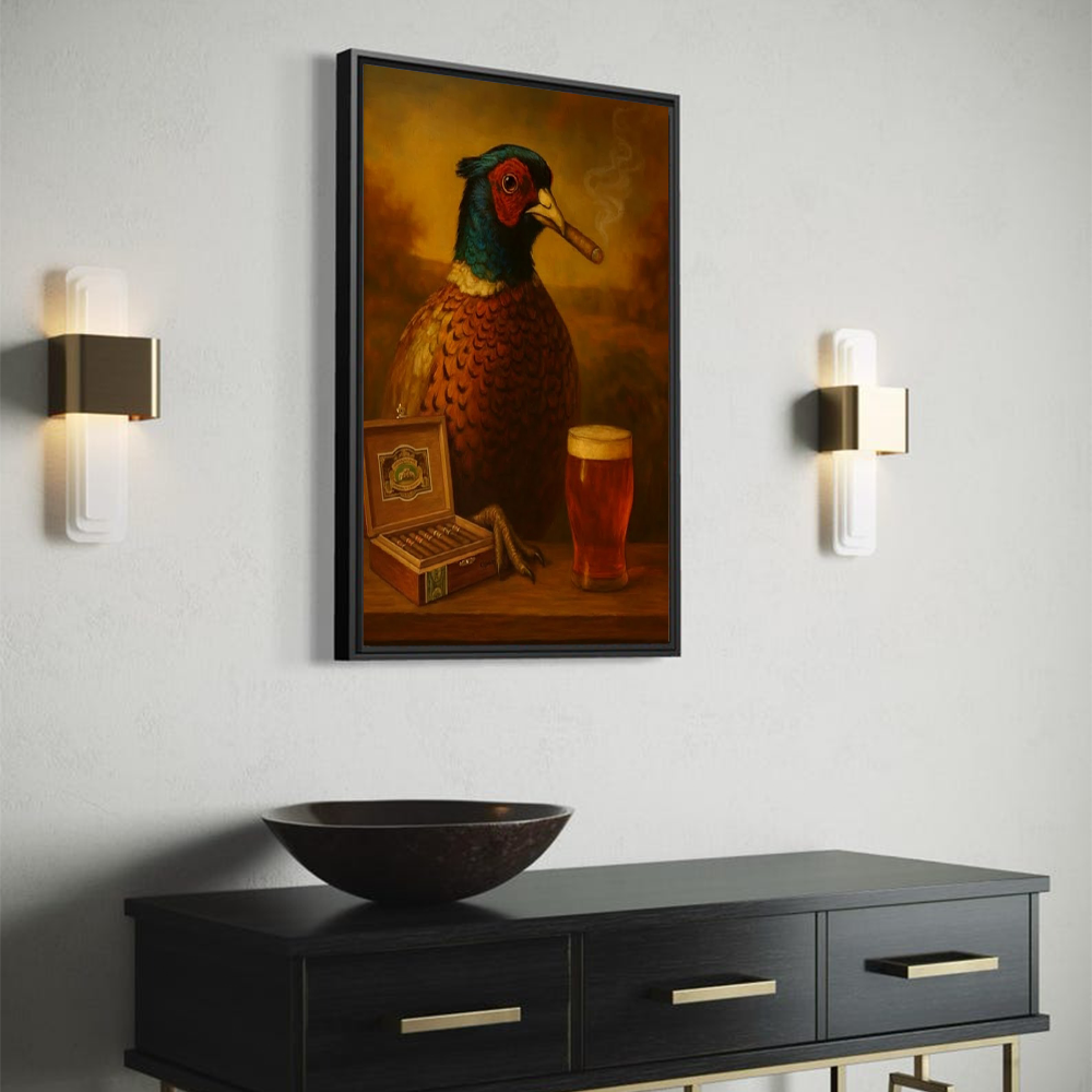 Funny Pheasant Canvas Wall Art – Hunting Lodge Decor & Cocktail Lover Gift