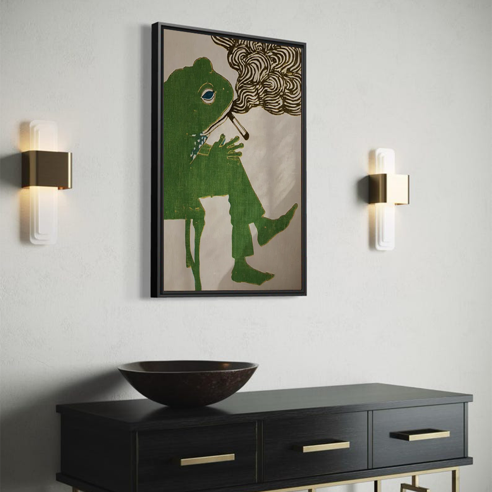 Frog Smoking a Cigarette Canvas Wall Art – Vintage Retro Funny Animal Print, Whimsical Frog Artwork for Bar Cart & Quirky Kitchen Decor
