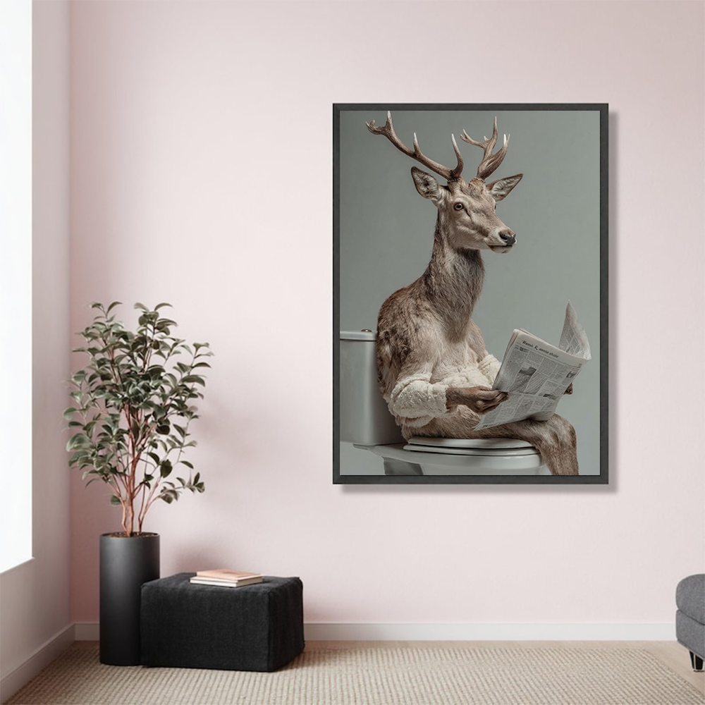 Funny Deer on Toilet Canvas Wall Art – Hyperrealistic Animal Bathroom Decor, Quirky Reading Deer Wildlife Canvas