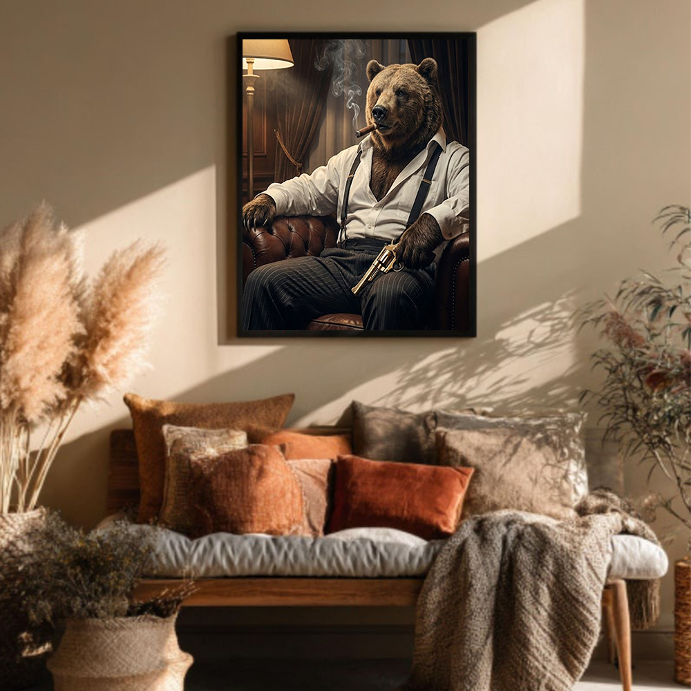 Boss Bear Canvas Wall Art – Masculine Animal Portrait, Powerful Bear Art for Men’s Lounge, Office & Man Cave Decor