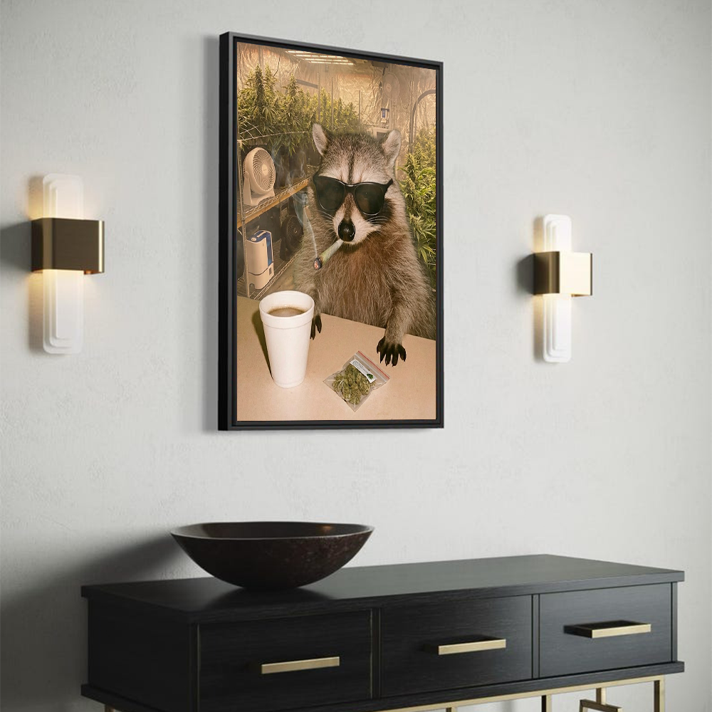 Funny Raccoon Wall Art Smoking Herbs in Greenhouse – Humorous Animal Canvas Decor for Man Cave & Modern Home