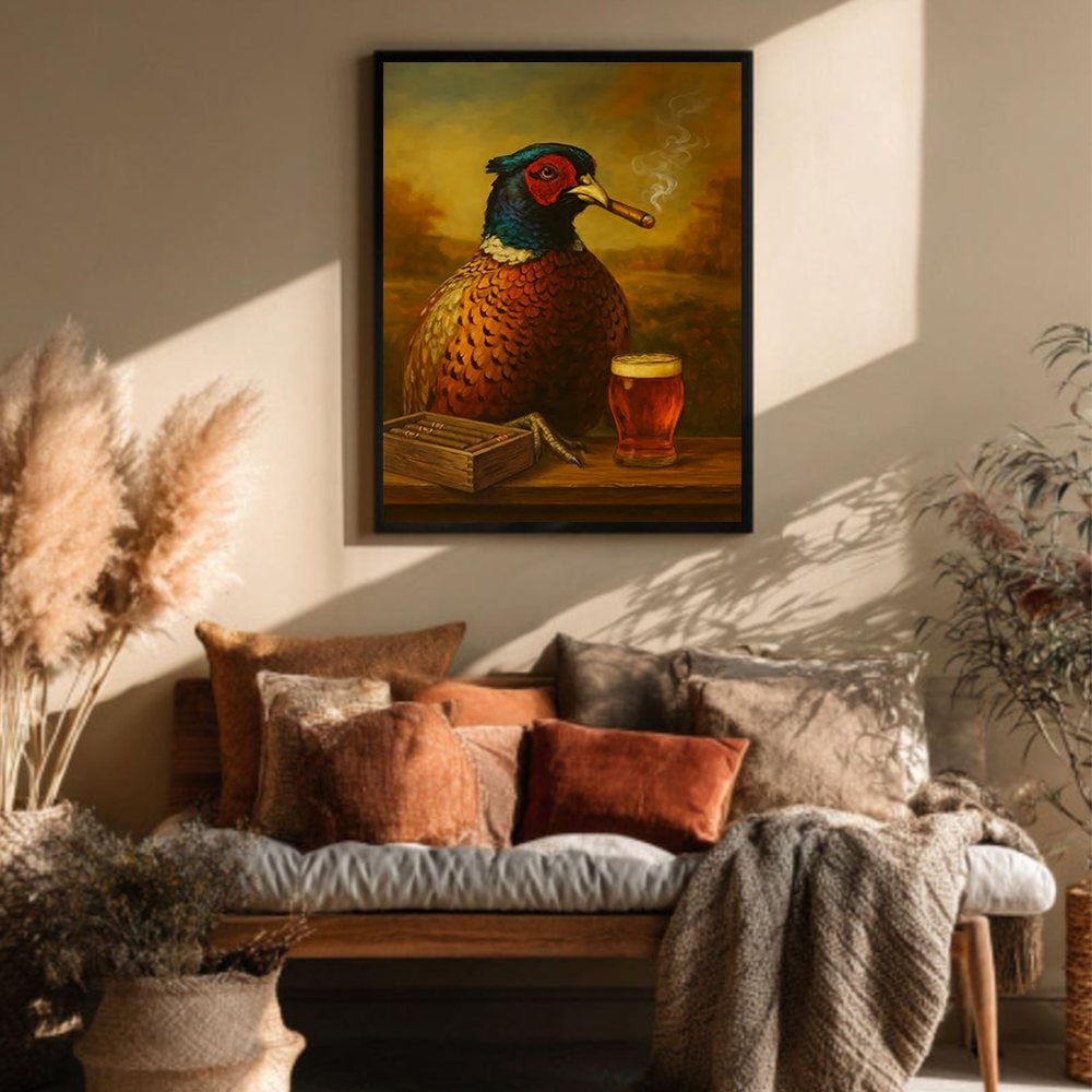 Funny Pheasant Smoking with Cocktail Glasses Canvas Wall Art – Hunting Lodge Decor, Unique Gift for Hunters & Cocktail Lovers