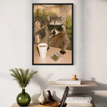 Funny Raccoon Wall Art Smoking Herbs in Greenhouse – Humorous Animal Canvas Decor for Man Cave & Modern Home