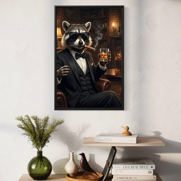 Funny Raccoon Gentleman Canvas Wall Art – Dapper Animal Man Cave Bar Decor