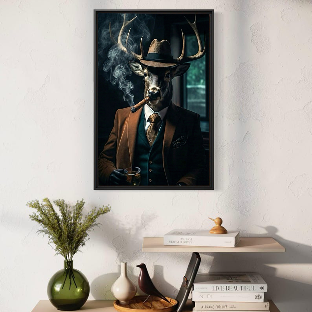 Gentleman Animal Wall Art – Deer in Suit Smoking Cigar Canvas Print