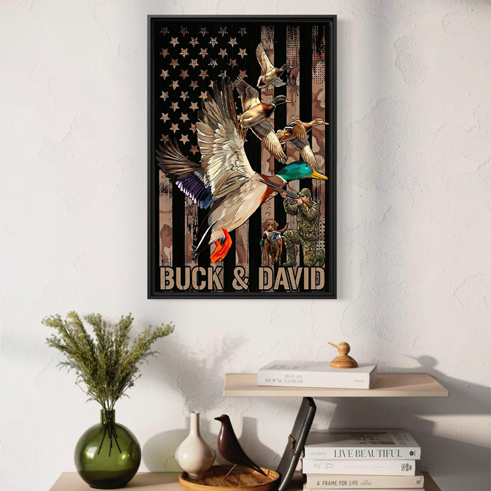 Personalized Duck Hunting Wall Art Canvas – Flying Mallard, American Flag Camo Background, Custom Name Waterfowl Hunter Gift for Dad, Husband