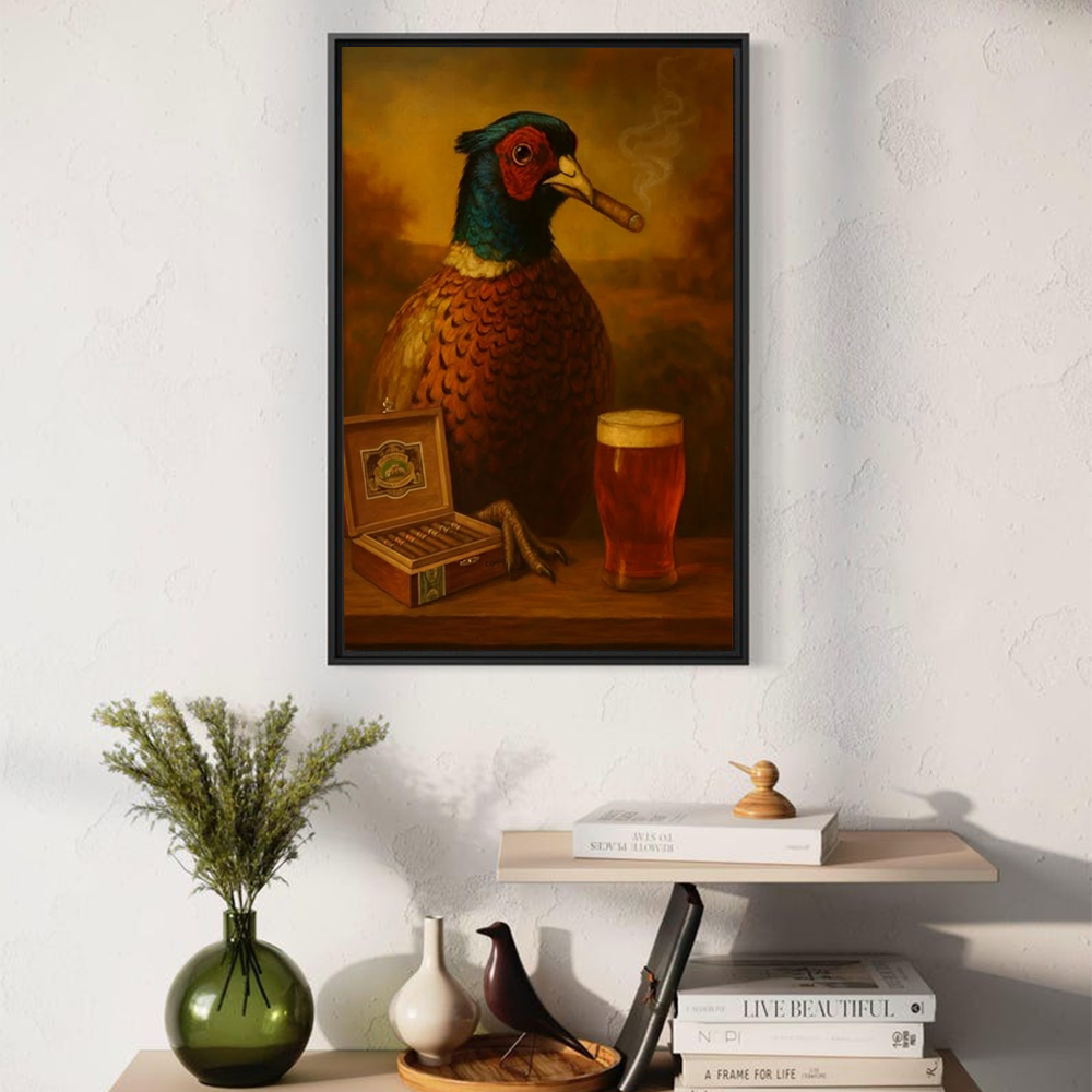 Funny Pheasant Canvas Wall Art – Hunting Lodge Decor & Cocktail Lover Gift