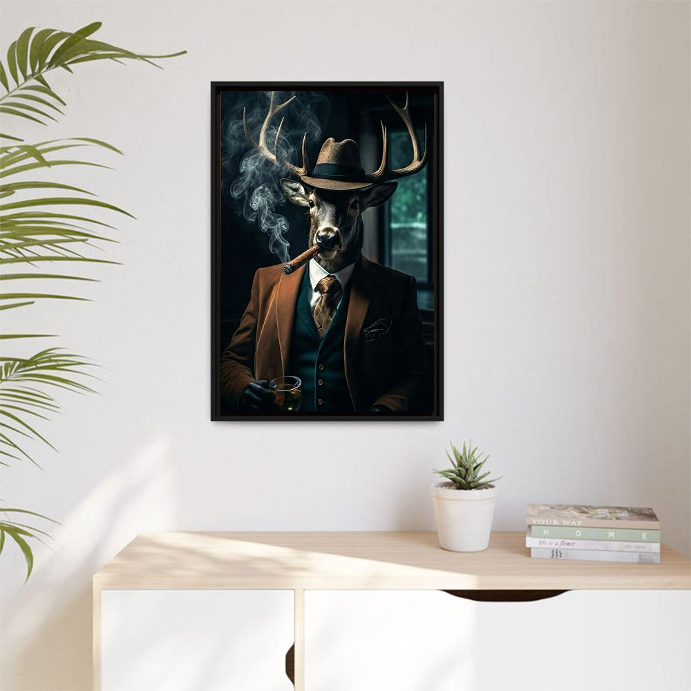Gentleman Animal Wall Art – Deer in Suit Smoking Cigar Canvas Print