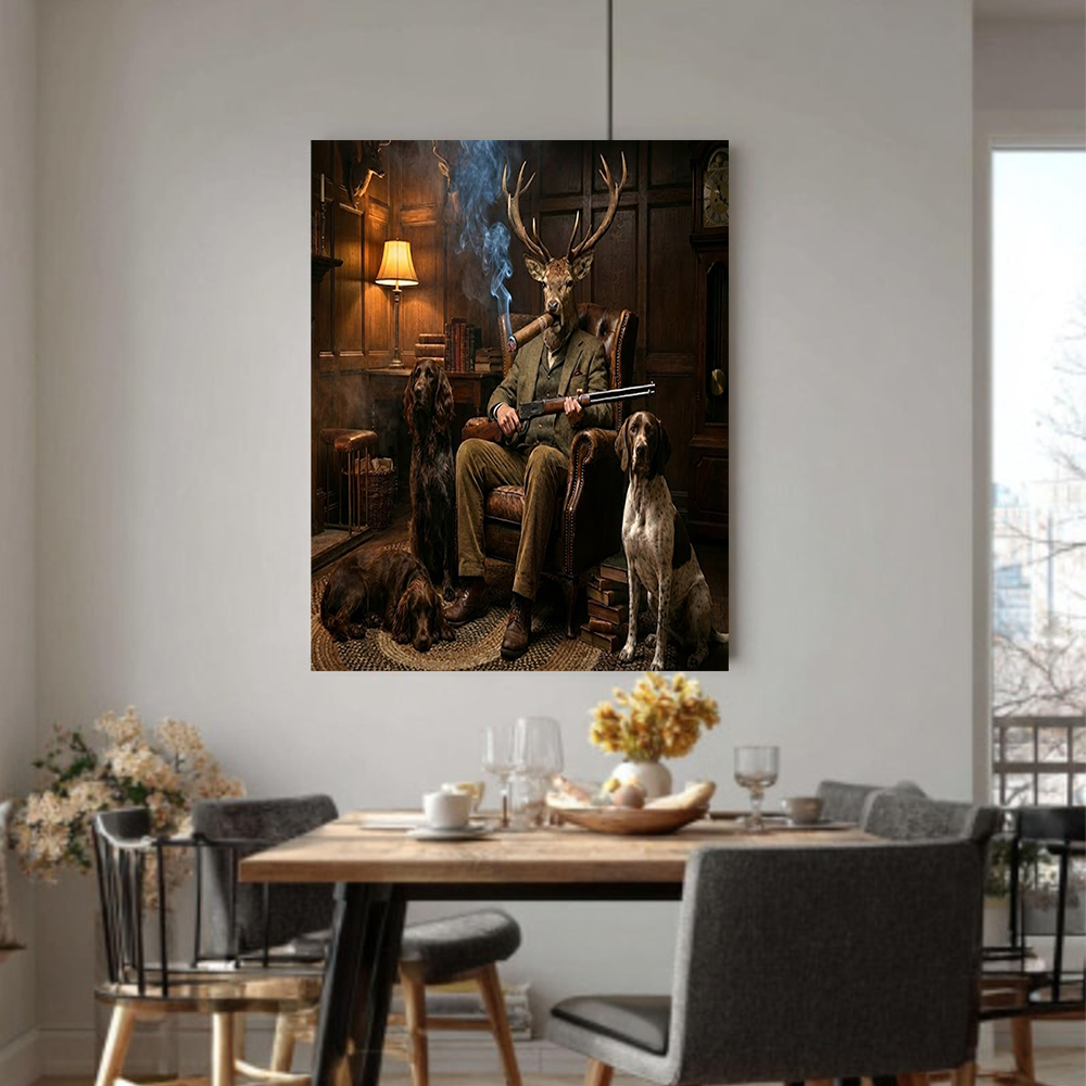 Retro Style Hunting Deer with Dogs Canvas Print – Funny Animal Wall Art, Rustic Home Decor Gift for Hunter Dad