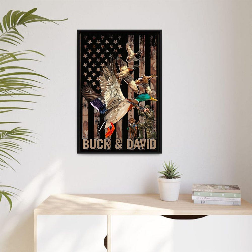 Personalized Duck Hunting Wall Art Canvas – Flying Mallard, American Flag Camo Background, Custom Name Waterfowl Hunter Gift for Dad, Husband