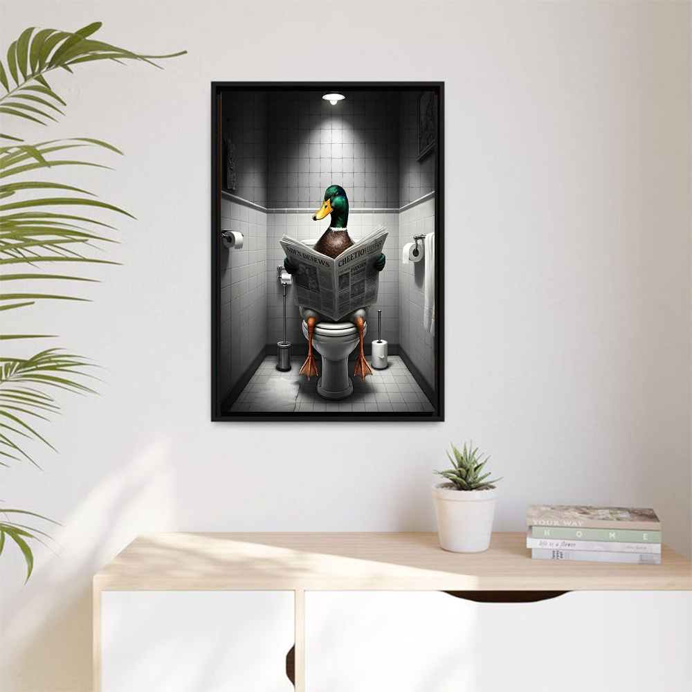 Funny Duck Bathroom Canvas Wall Art – Humorous Animal Toilet Decor for Bathroom, Restroom, Man Cave