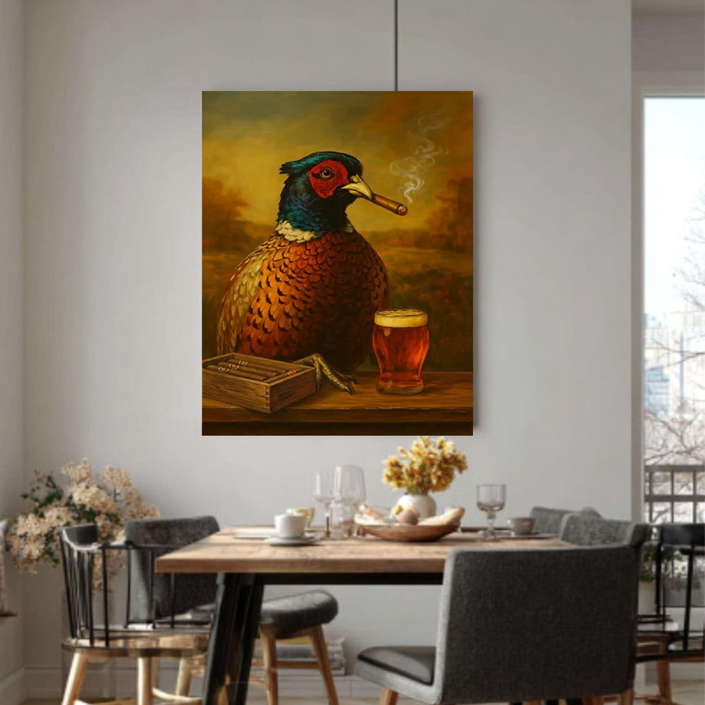 Funny Pheasant Smoking with Cocktail Glasses Canvas Wall Art – Hunting Lodge Decor, Unique Gift for Hunters & Cocktail Lovers