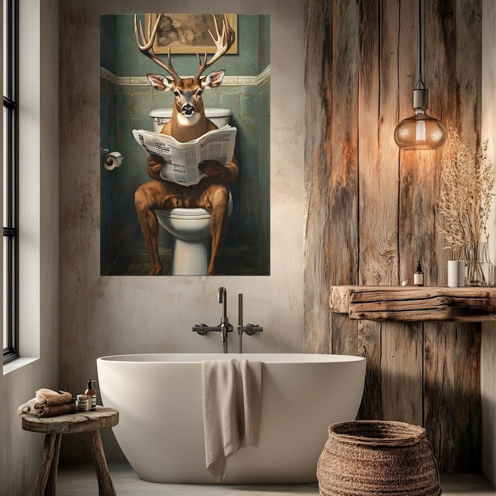 Deer on Toilet Reading Newspaper Wall Art – Funny Animal Bathroom Decor, Printable Canvas Art, Large Rustic Bathroom Humor Print