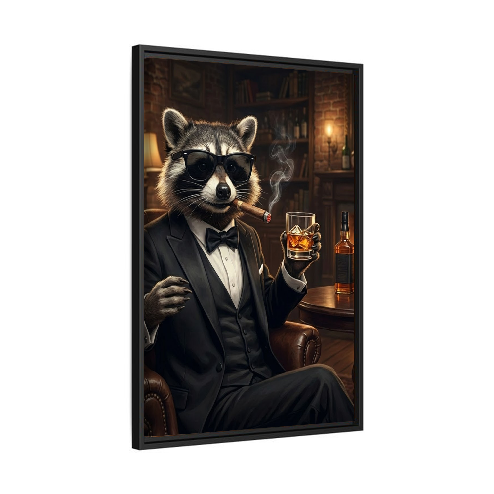 Funny Raccoon Gentleman Canvas Wall Art – Dapper Animal Man Cave Bar Decor