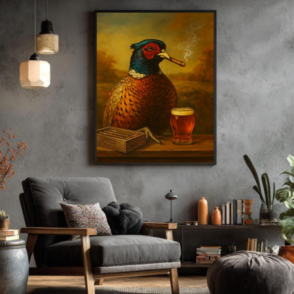 Funny Pheasant Smoking with Cocktail Glasses Canvas Wall Art – Hunting Lodge Decor, Unique Gift for Hunters & Cocktail Lovers