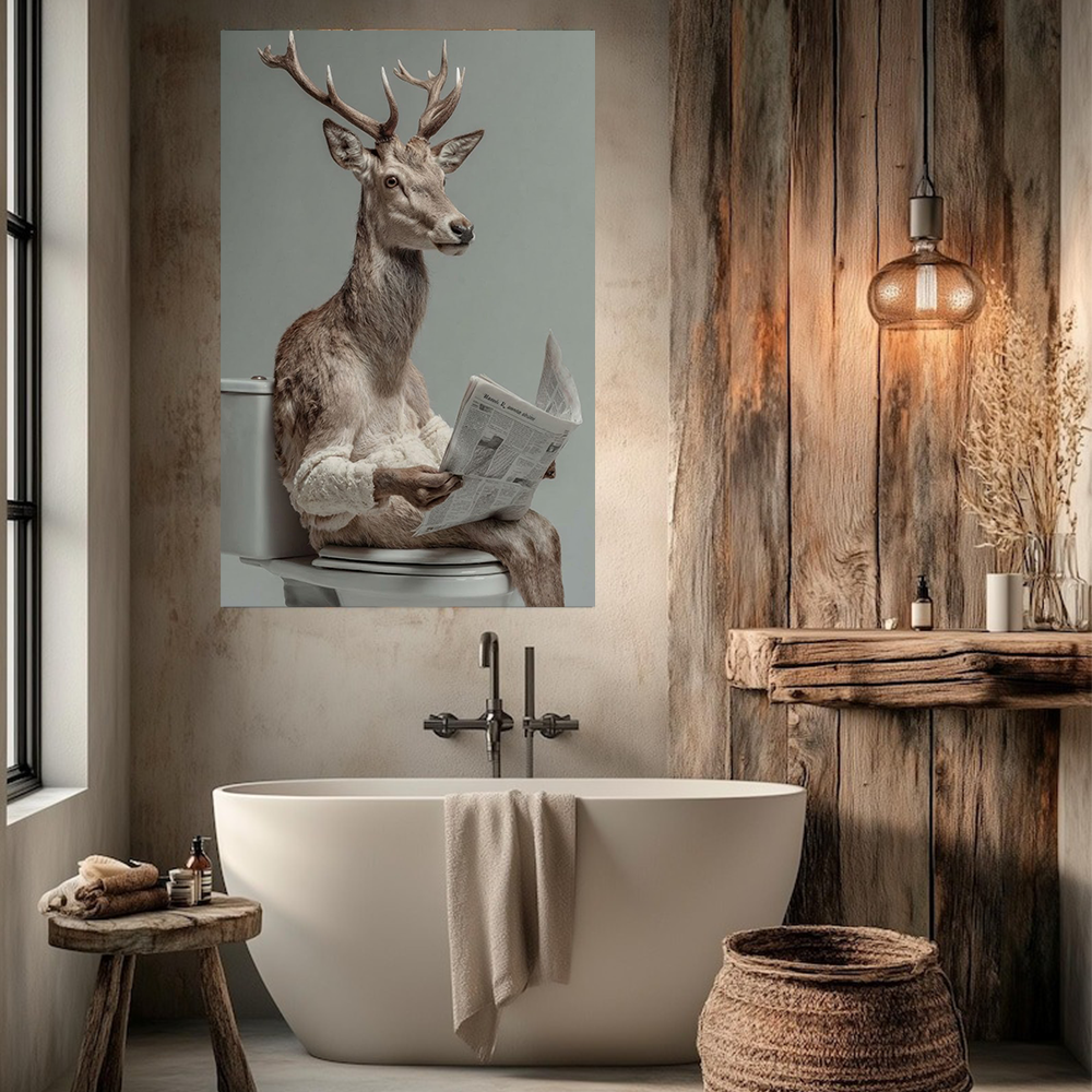 Funny Deer on Toilet Canvas Wall Art – Hyperrealistic Animal Bathroom Decor, Quirky Reading Deer Wildlife Canvas