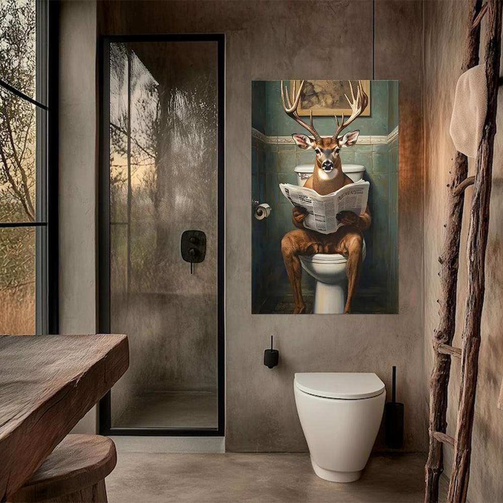Deer on Toilet Reading Newspaper Wall Art – Funny Animal Bathroom Decor, Printable Canvas Art, Large Rustic Bathroom Humor Print