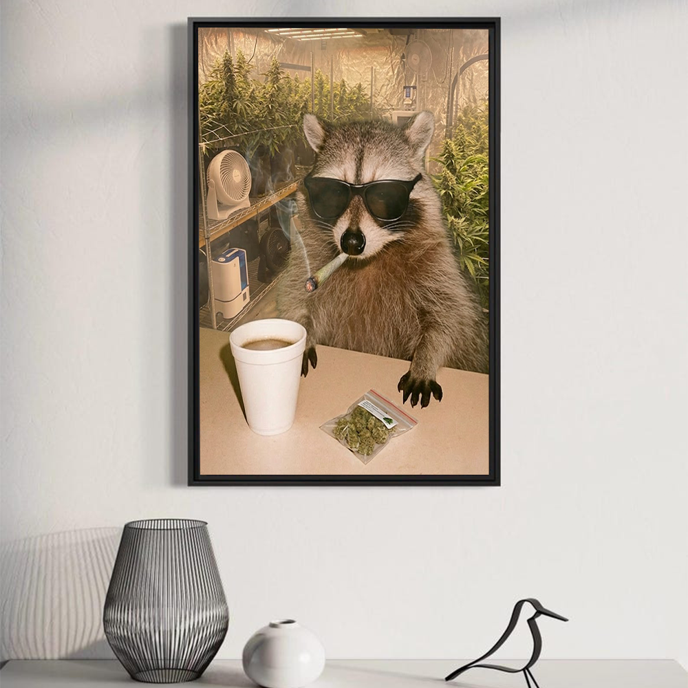 Funny Raccoon Wall Art Smoking Herbs in Greenhouse – Humorous Animal Canvas Decor for Man Cave & Modern Home