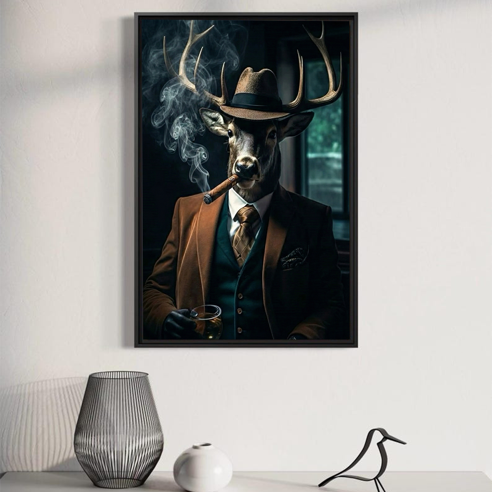 Gentleman Animal Wall Art – Deer in Suit Smoking Cigar Canvas Print