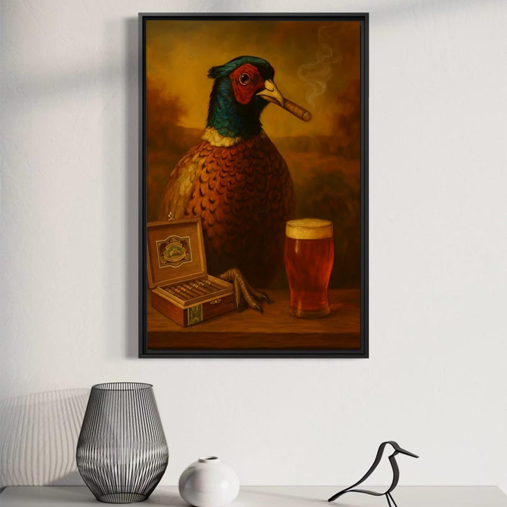 Funny Pheasant Canvas Wall Art – Hunting Lodge Decor & Cocktail Lover Gift