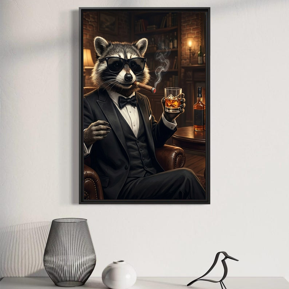 Funny Raccoon Gentleman Canvas Wall Art – Dapper Animal Man Cave Bar Decor