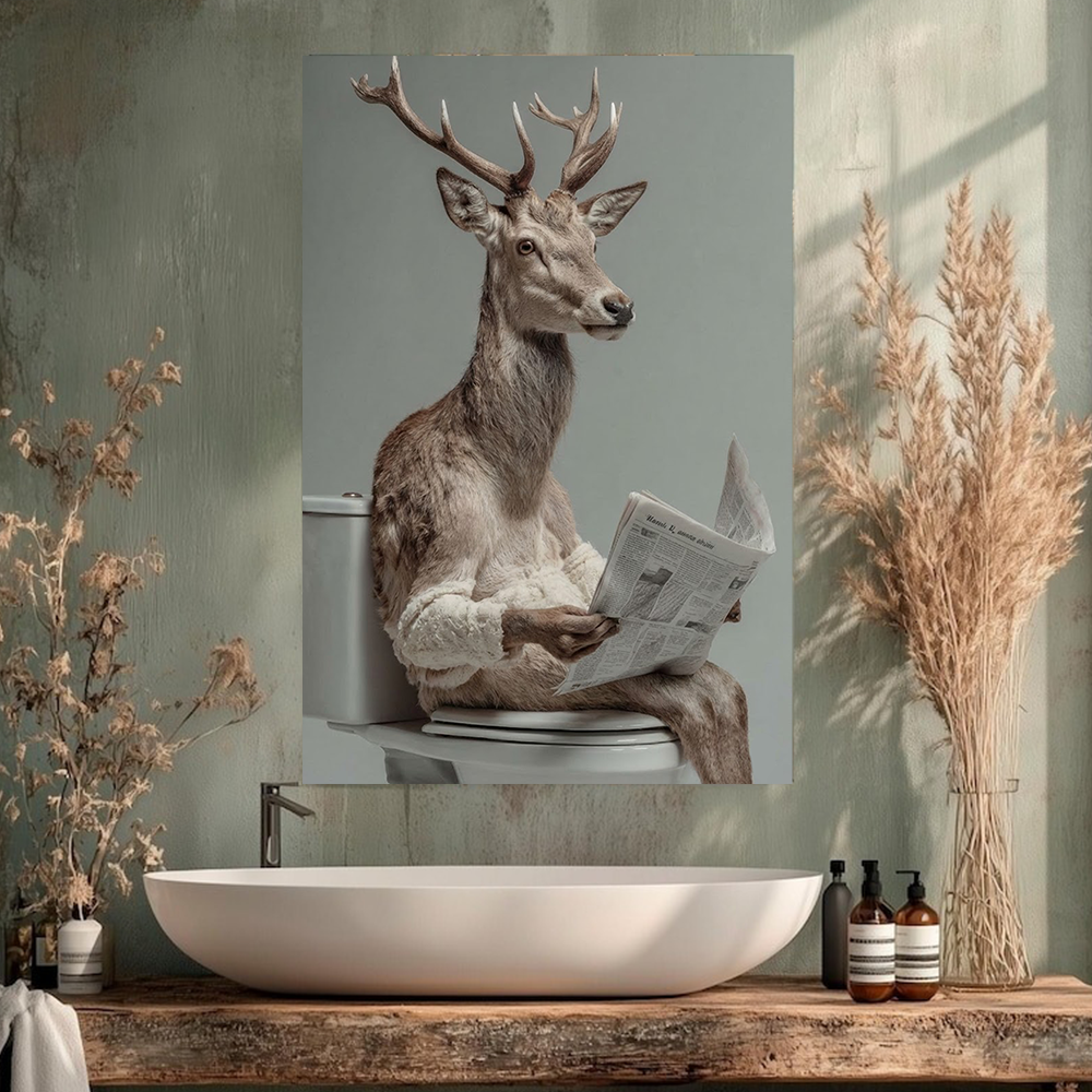 Funny Deer on Toilet Canvas Wall Art – Hyperrealistic Animal Bathroom Decor, Quirky Reading Deer Wildlife Canvas