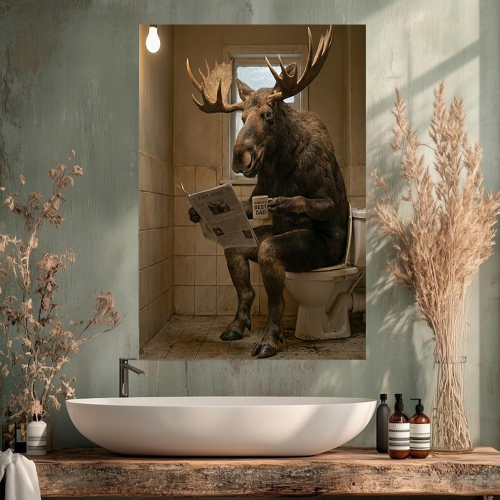 Funny Moose Bathroom Wall Art Canvas – Humorous Animal Reading Newspaper on Toilet, Rustic Hunting Lodge Decor Gift